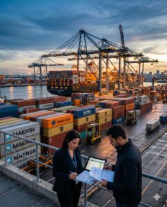 Um terminal portuário internacional moderno operando cargas entre América do Sul e Europa.
